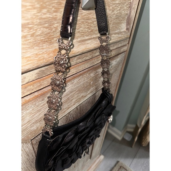 Brighton Black Floral Leather Applique Shoulder Bag Silver Chain Heart Charm - Picture 4 of 13